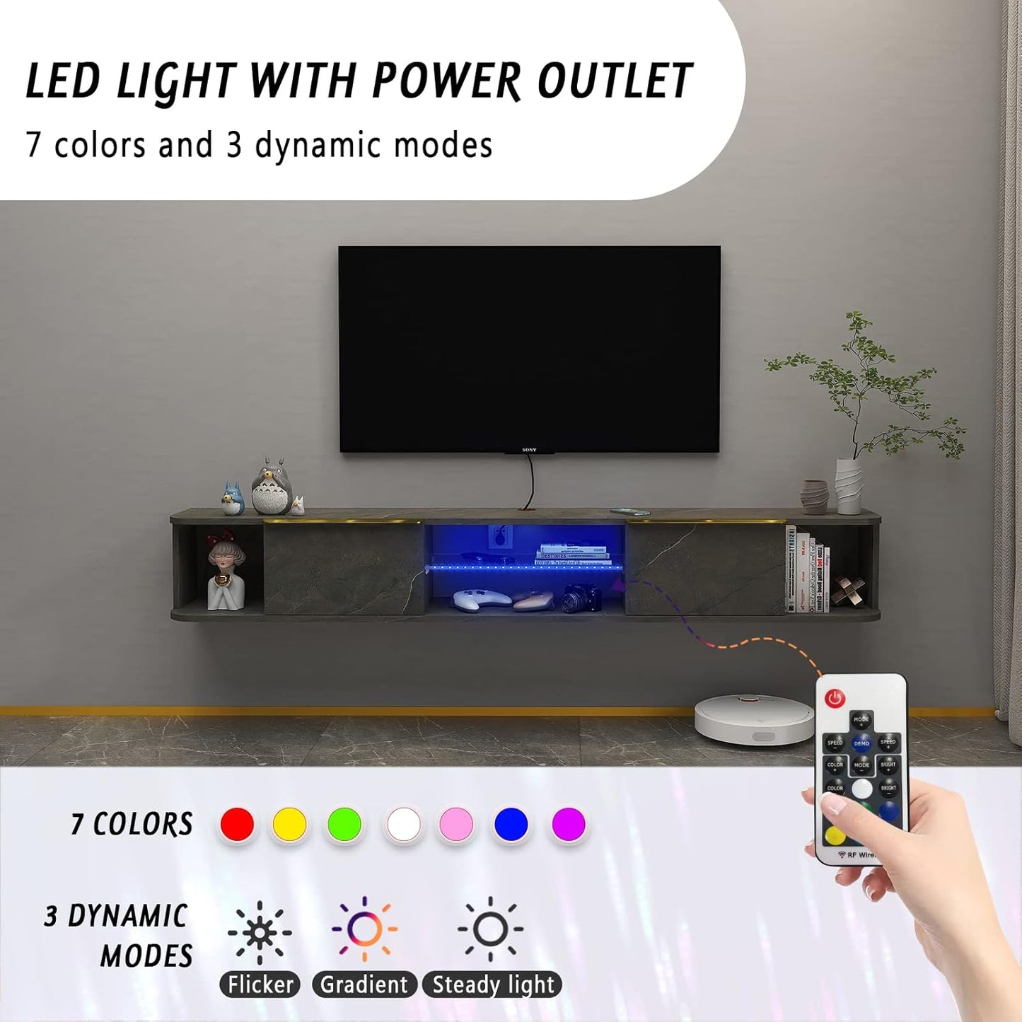 Pmnianhua LED Floating TV Stand with 2 Drawers for 75 inch TV,70'' Floating TV Console with LED Lights,Floating Entertainment Shelf with Storage for Bedroom Playroom Living Room(Dark Grey)