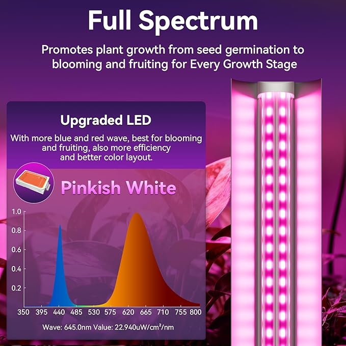 4FT Plant Grow Light, Super Bright Plant Lights for Indoor Growing, Full Spectrum, with ON/Off Switch & Timed Function, Pinkish