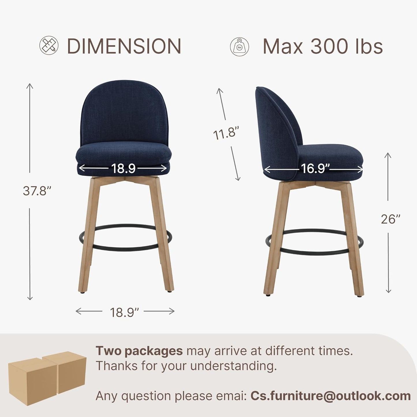 Counter Height Barstools 26 inch Upholstered Swivel Bar Stools with Back and Wood Legs for Kitchen Island,Set of 3,Blue Fabric-Armless