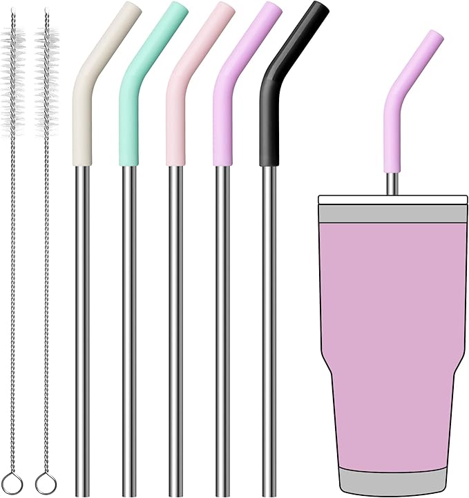 Metal Straws Reusable for 30oz YETI Tumbler Mug- 9.5" Stainless Steel Replacement Straws with Silicone Tips for Simple Modern/Meoky 24 oz Tumbler with Handle,1 Portable Bag