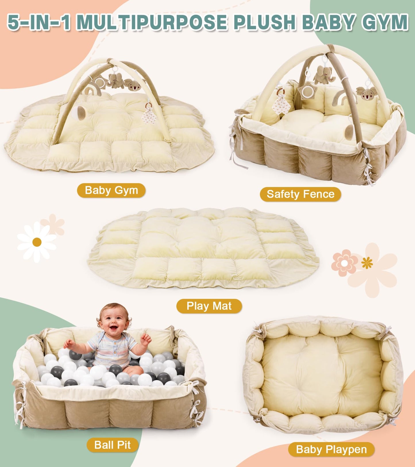 Lanabuna 5-in-1 Baby Play Gym and Tummy Time Mat, 12 Learning Cards, Plush Activity Mat with 6 Toys, Baby Gym, Convertible to Ball Pit, Baby Gift, Cream