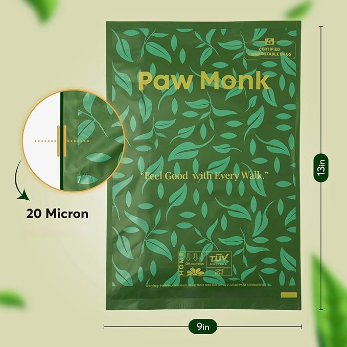 Paw Monk Heavy Duty Certified Home Compostable Dog Poop Bags Rolls – 20 Micron Extra Thick & Leakproof, Easy Open – 120 Count Unscented Plant Based Pet Waste Bags