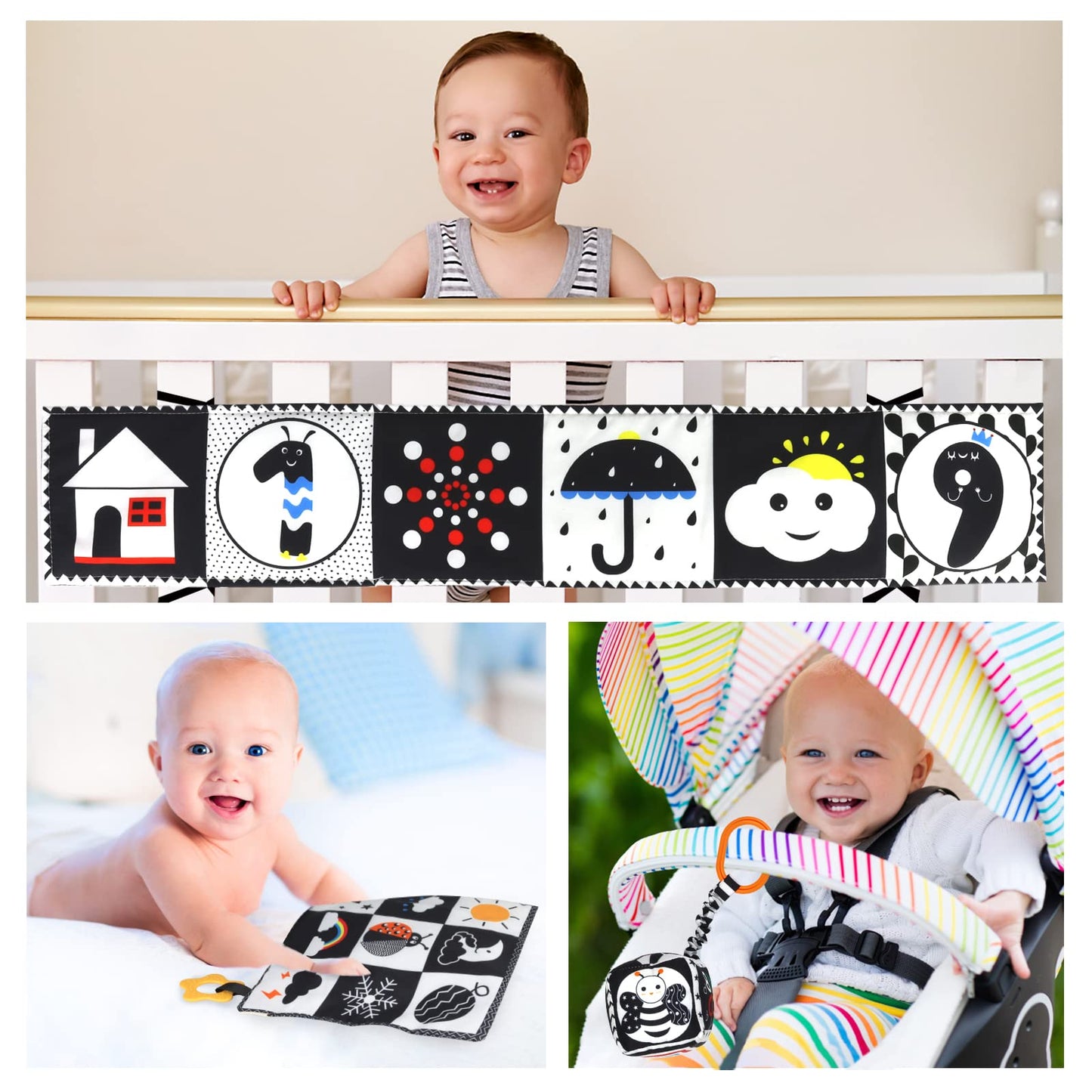 KUANGO 3 PCS Black and White High Contrast Baby Toys Newborn Toys 0-6 Months, Visual Stimulation Sensory Soft Book, Infant Tummy Time Toys 0-3-6 Months Baby Gifts