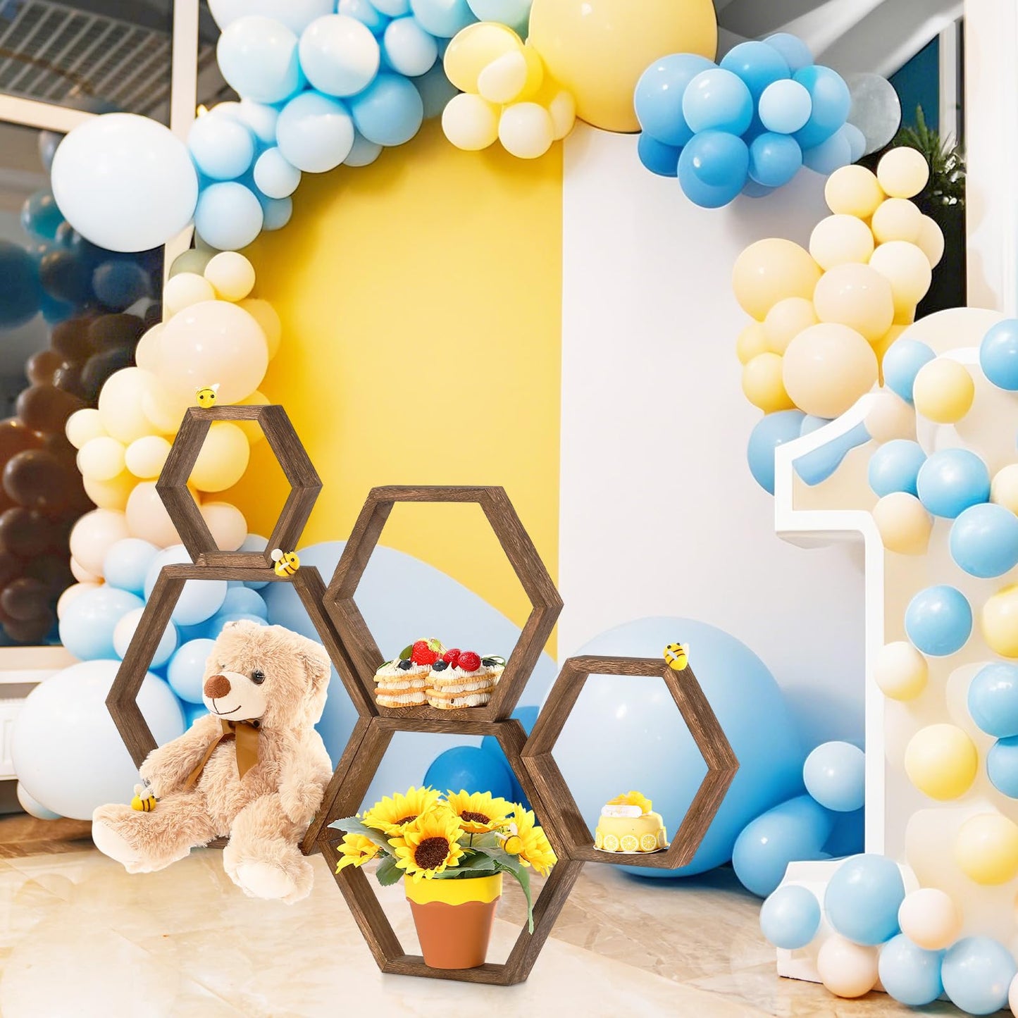 Gerrii 5 Pcs Honey Comb Decorations 5 Sizes Wood Hexagon Shelves Honeycomb Centerpiece Cupcake Stand Wooden Bee Hive Display Holder for Baby Shower Honeybee DIY Birthday Party Decor (Dark Brown)