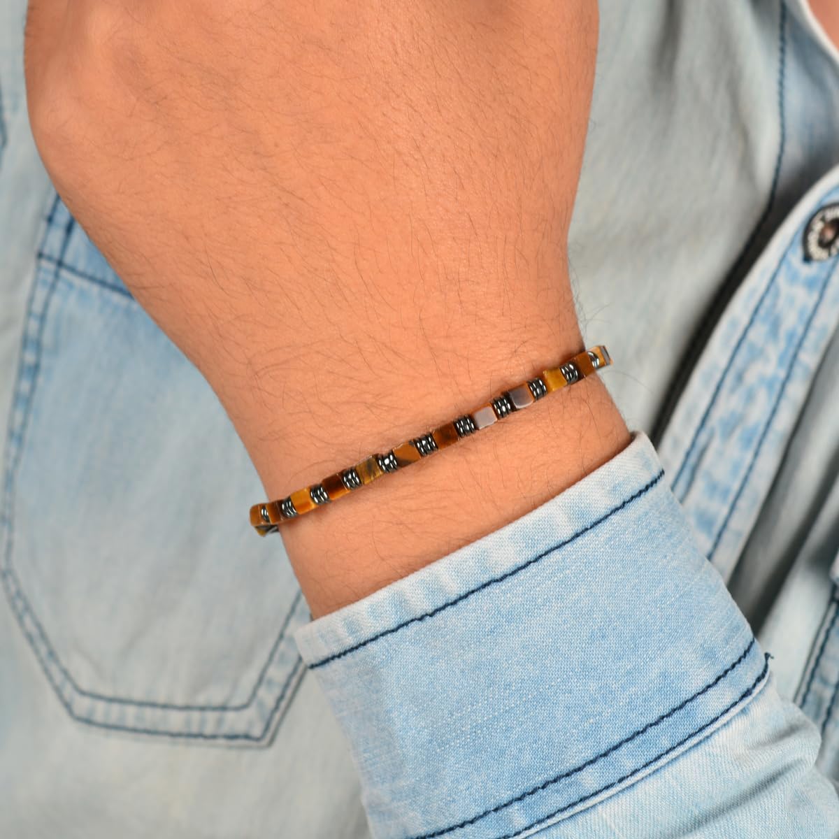 Casvia Tiger's Eye Hematite Beaded Bracelet for Men, Square Stone Adjustable Stainless Steel Chain, Handmade Stylish Jewelry Gift for Dad, Husband, Son & Friend