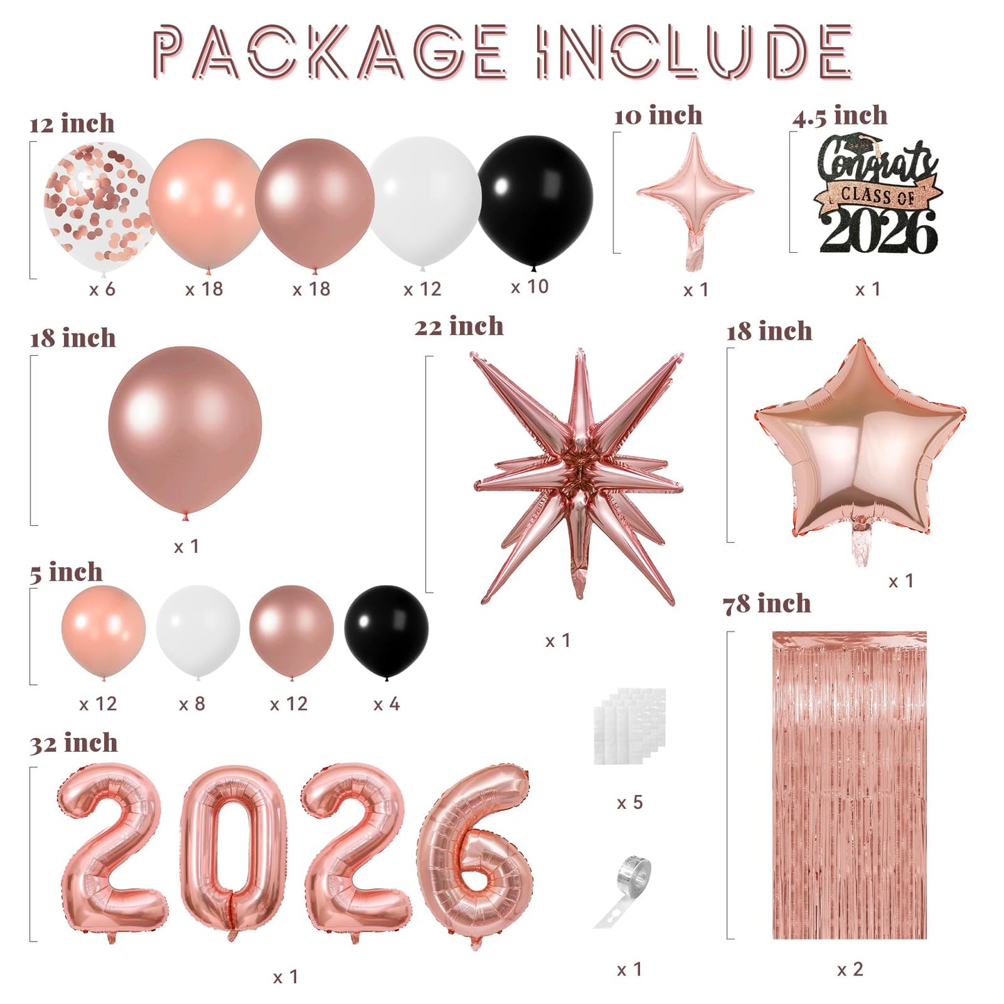Graduation Balloon Garland Arch Kit for Graduation Decorations Class of 2026 - Rose Gold Black and White Balloons Different Sizes 5 12 18 Inch GraduationBalloons Arch for Grad Party Supplies