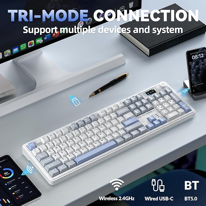 LINGBAO K108 Pro Wireless Mechanical Keyboard with Screen & Knob, Full Size Creamy Keyboard with Number Pad, 10000mAh Battery, PBT Keycaps, RGB Backlit, Hot-swappable Gaming Keyboards