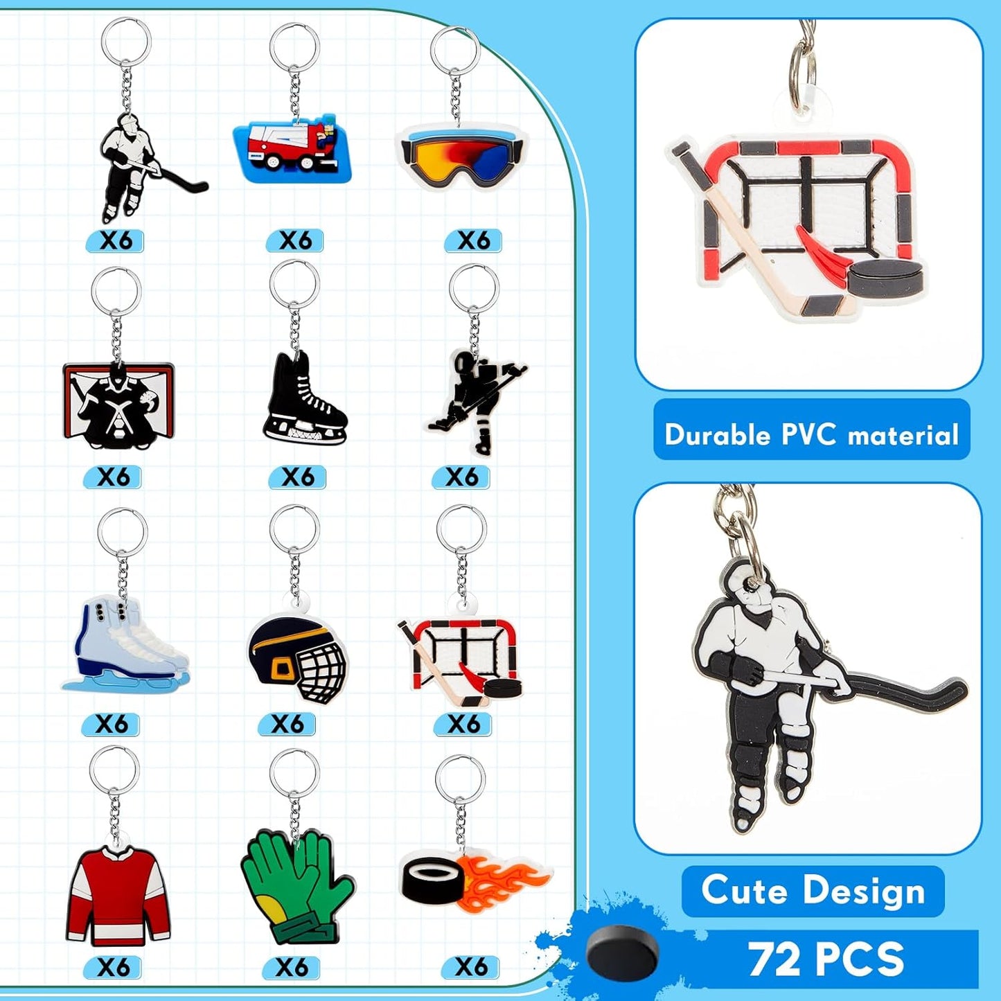 Batiyeer 36 Pack Hockey Keychains Bulk Party Favors Sports Ball Key Chains Funny Keyring Gifts for Birthday Supplies