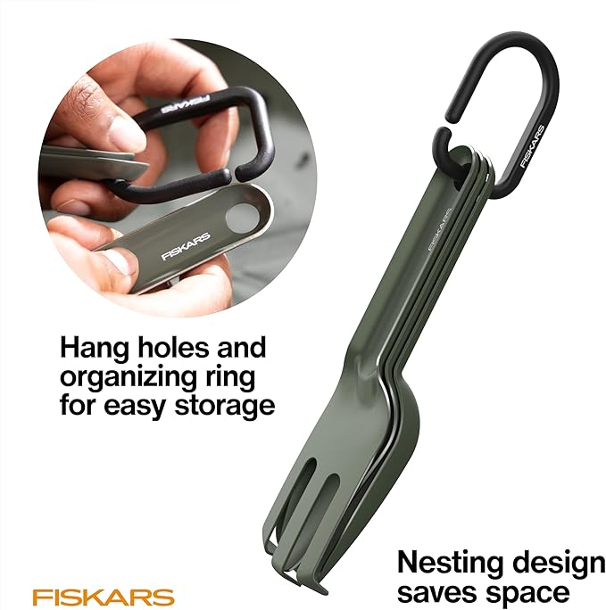 Fiskars 3‑Piece Cultivating Tool Set, Stainless Steel Trowel, Scoop & Cultivator with Space‑Saving Nesting Design