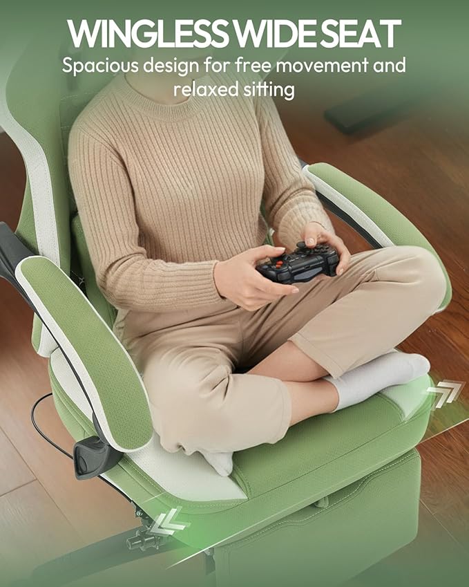 Dowinx Gaming Chair with Footrest, Breathable Fabric Gamer Chair with Gel Pad and Storage Bag, Ergonomic Office Chair with Lumbar Support for Home Task, Green