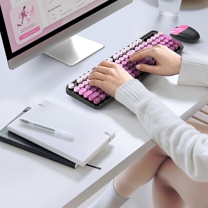 Wireless Keyboard Mouse Combo, Typewriter Full Size Keyboard with Number Pad and 2 in 1 USB Connected Mouse for Windows 7/8/10, Laptop, Desktop, PC, Computer (Black & Pink)