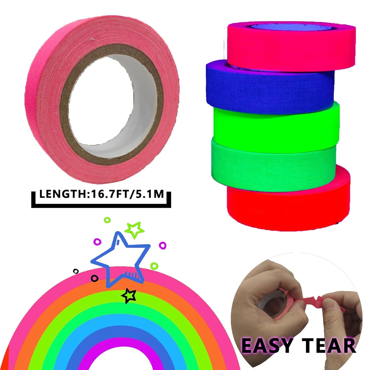 SWRT Neon Gaffer Cloth UV Blacklight Tape for Party Supplies, 5 Rolls Multi-Color UV Fluorescent Glow in The Dark Tape for Party Decoration, Dance Floors, UV Party (0.6 inch x 16.5 feet)
