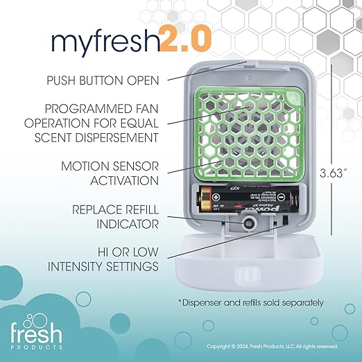 Fresh Products myfresh 2.0 Personal Air Freshener with Dry Fragrance Technology for Small Spaces Compact Design Motion Sensor Battery Included Cucumber Melon 6 pk