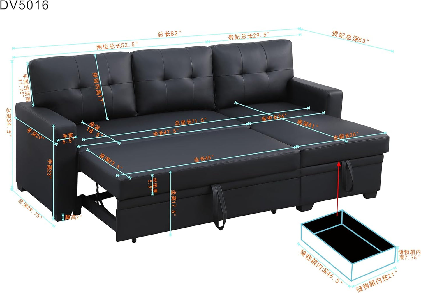Devion Furniture Philly 4-in-1 Convertible L Shaped Couch with Pull Out Bed and Storage, Sectional Sleeper Sofa with Reversible Chaise for Living Room, Apartment, Bedroom, Office