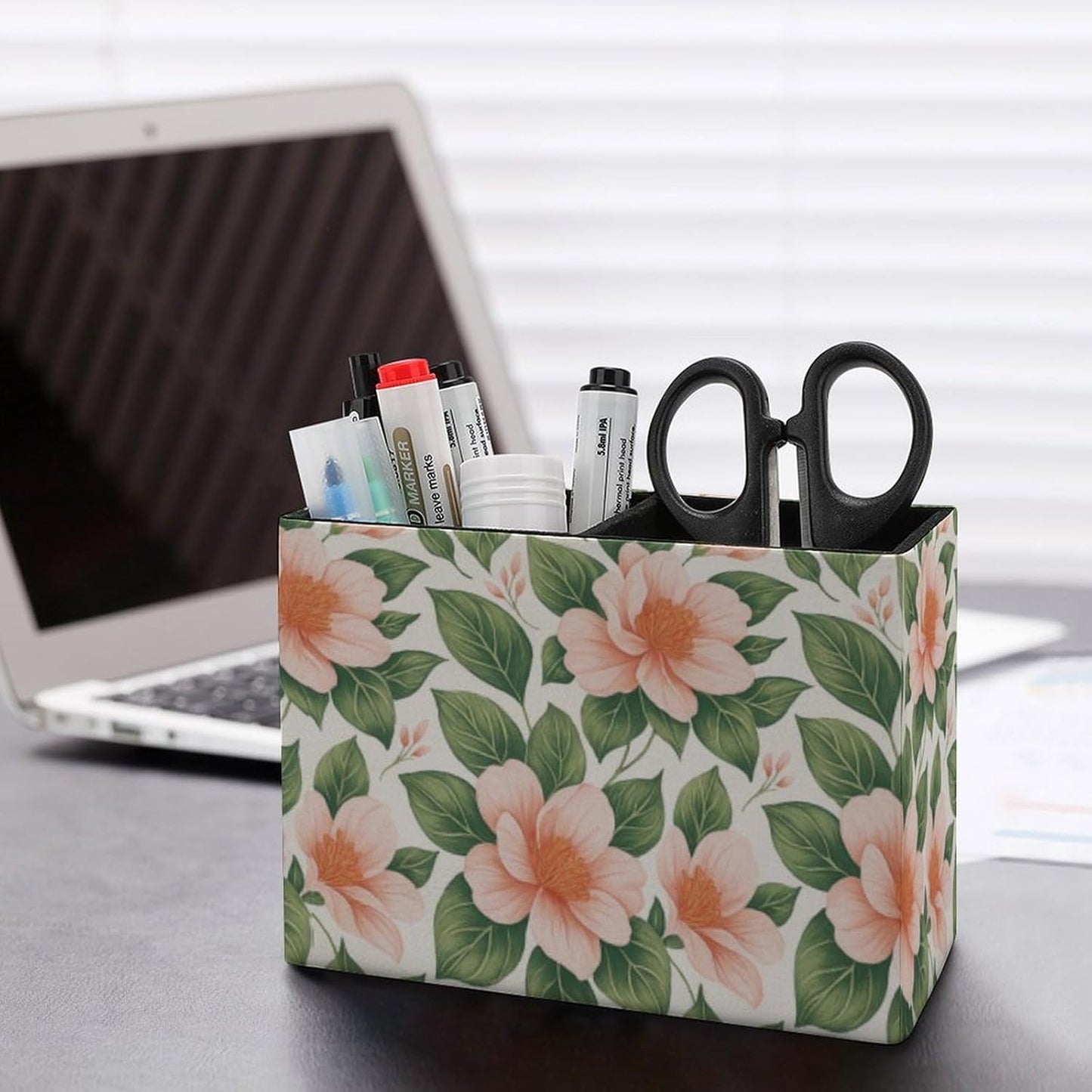 Floral Pattern Lether Pen Holder for Desk Makeup Brush Holder Office Organizer Desk Accessory for School Office