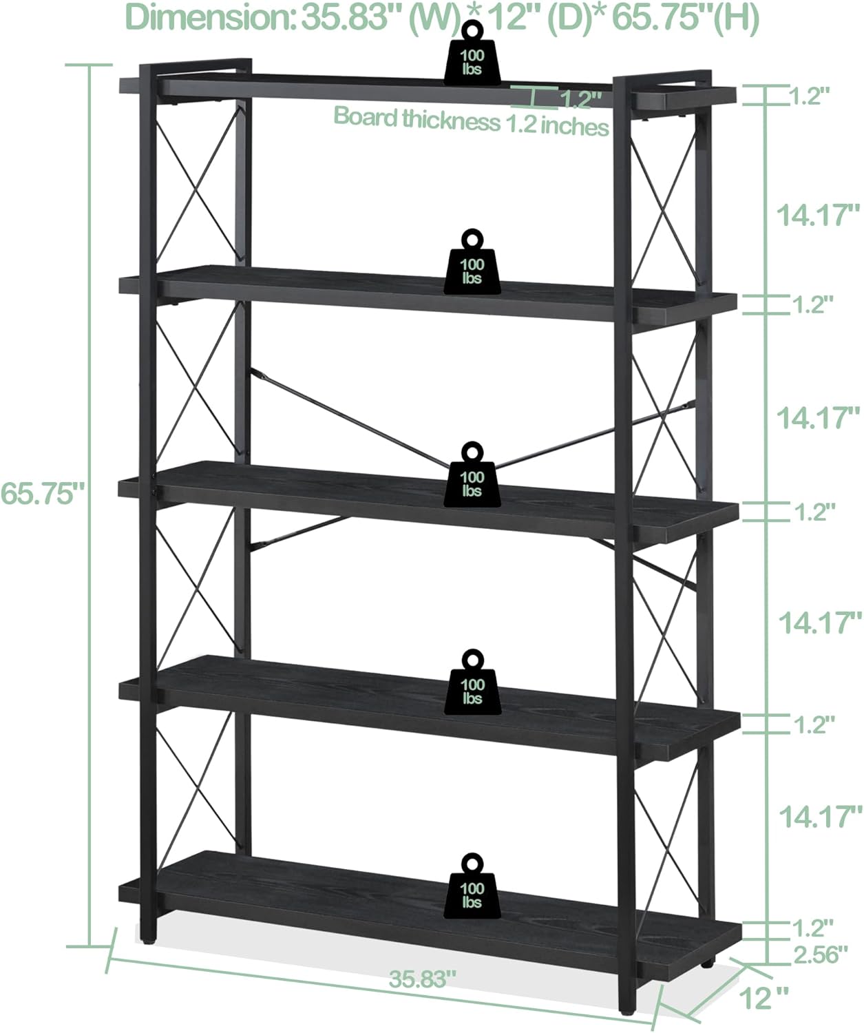 HCHQHS Bookshelf, 5-Tier Industrial Bookcase, Black Open Book Shelf, Freestanding Tall Bookshelves with Metal Frame