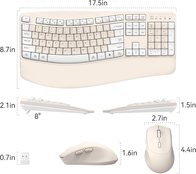 Ergonomic Wireless Keyboard and Mouse Combo, Wave Keys Keyboard with Wrist Rest for Natural Typing, 3 DPI Adjustable Ergonomic Silent Mouse for Computer/Laptop/Windows/Mac (Latte Color-A)