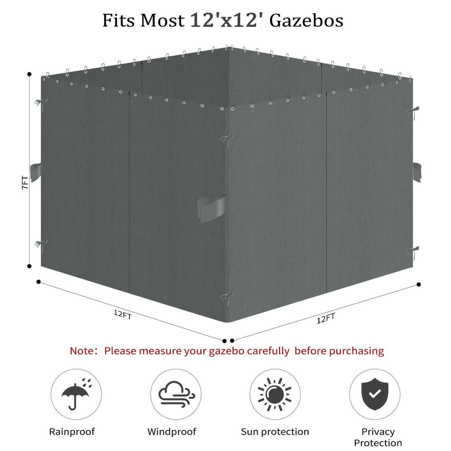 Bstge 12'x12' Gazebo Curtains Outdoor Waterproof, 4-Panels Sidewalls with Zipper, Universal Replacement for Patio Privacy Screen(Only Curtains)