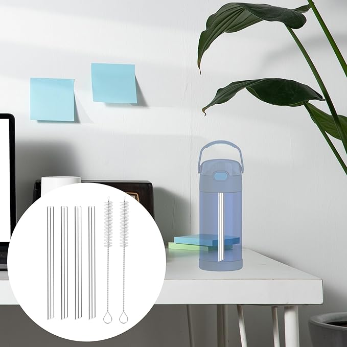 4pcs Metal Straws for THERMOS FUNTAINER 12oz Kids Bottle, Reusable 12.7cm/5in Short Stainless Steel Straws with 2pcs Cleaning Brushes for Cocktails Small Glasses and Cups