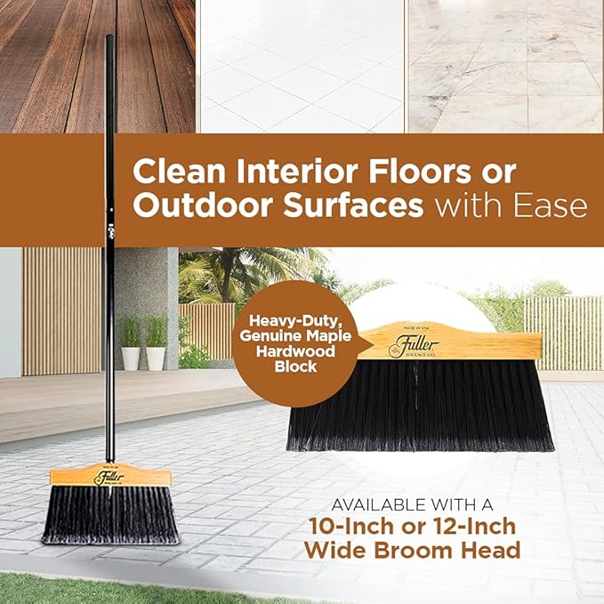 Fuller Brush 12-Inch Maple Wood Broom with 2 Piece Black Steel Threaded Handle for Indoor and Outdoor Cleaning on Hard Floors, Tile, Concrete, and Garage Surfaces