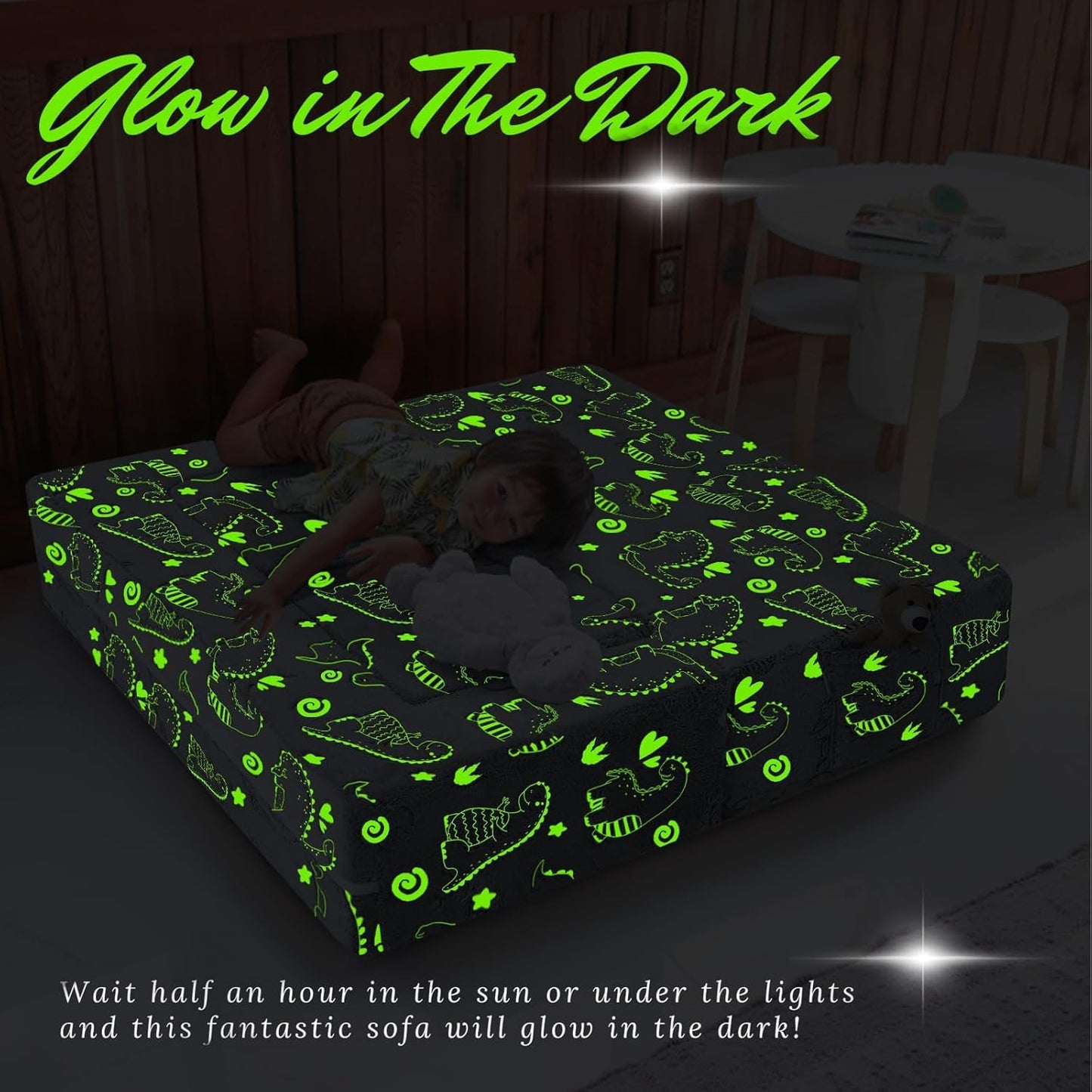 MeMoreCool Glow-in-The-Dark Dinosaur Modular Kids Play Couch — Convertible Foam Sofa for Toddlers, Multi-Configuration Climbing & Fort Building Furniture with Washable Covers, Gray