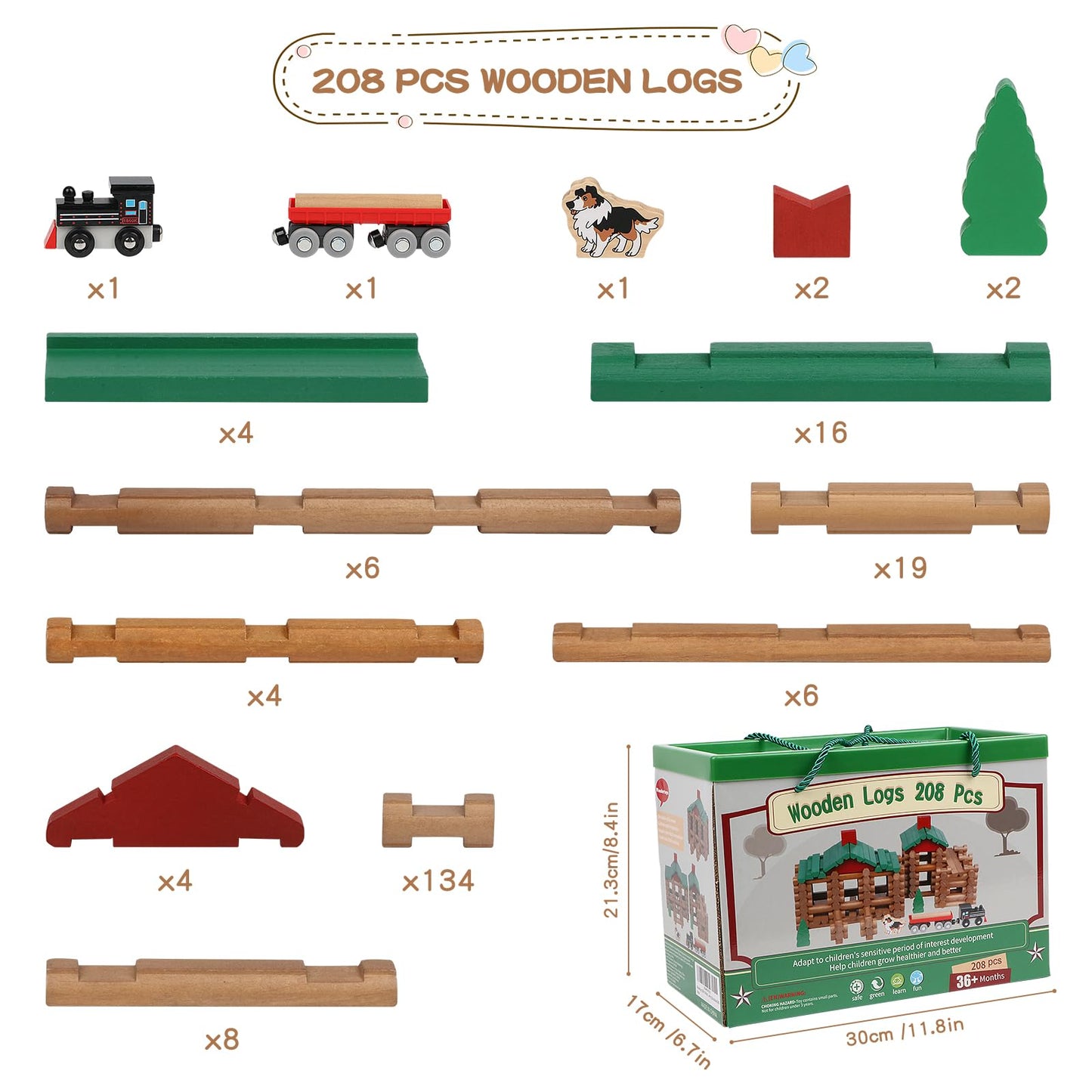 Wondertoys 208 Pcs Wooden Log Set - Classic Building Logs Ages 3+ - Best Retro Building Gift Set for Boys - Creative Construction Engineering Educational Gifts