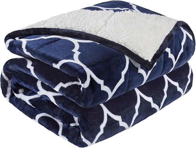 Cottonblue Morocco Fashion Print Weighted Blanket 15lbs, Sherpa Fleece Weighted Blanket for Adult, Dual Sided Fluffy Fuzzy Plush Thick Throw Blanket for Sofa Bed, 60x80 inches, Navy Blue