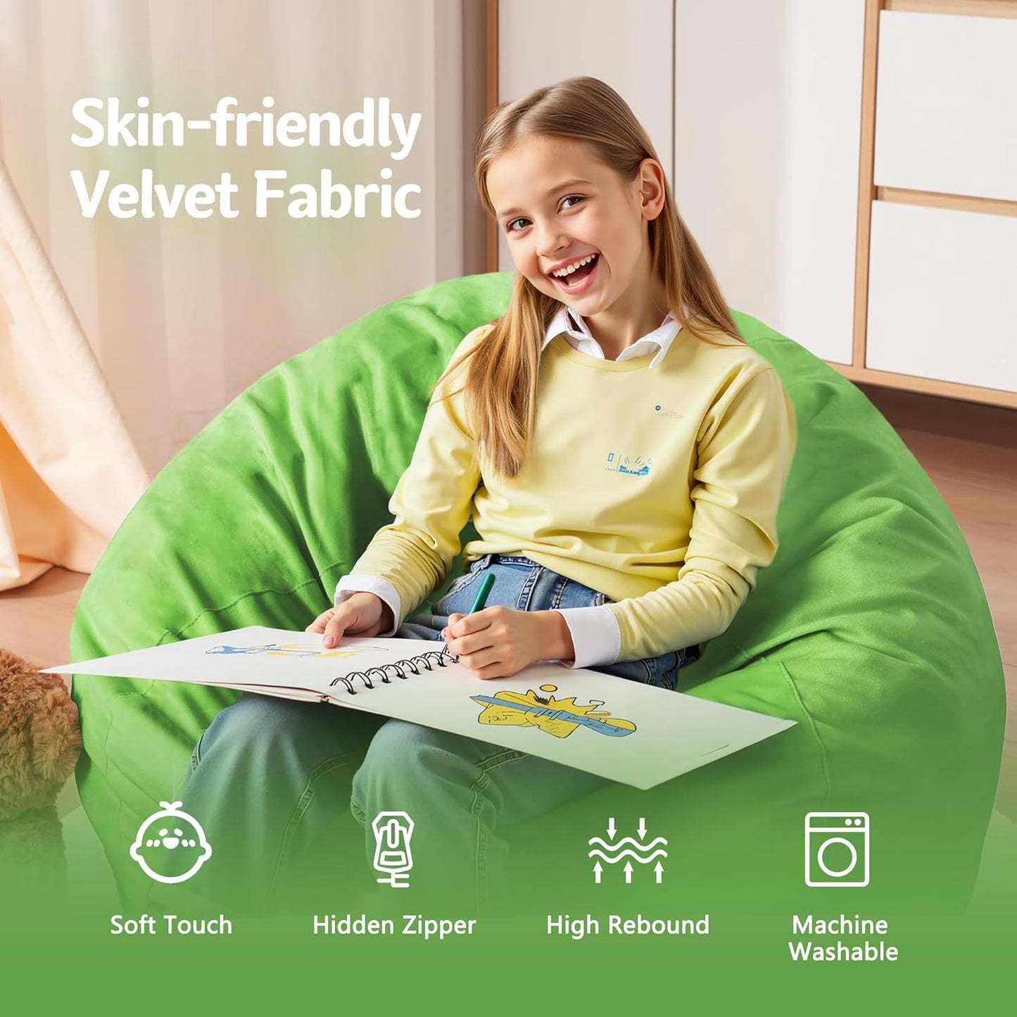 Homguava 2FT Bean Bag Chair: 2' Bean Bags with Memory Foam Filled,Comfy Beanbag Chairs Round Bean Bag Sofa with Dutch Velvet Cover-Lime