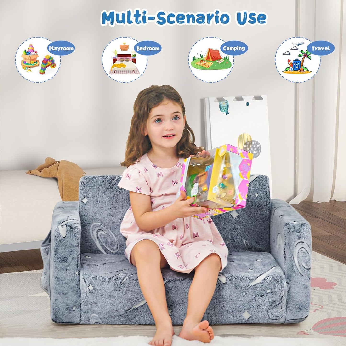 Toddler Chair Comfy,2-in-1 Soft Toddler Couch Fold Out for Kids,Convertible Sofa to Lounger,Gift for Girls and Boys Birthday,Space,Large