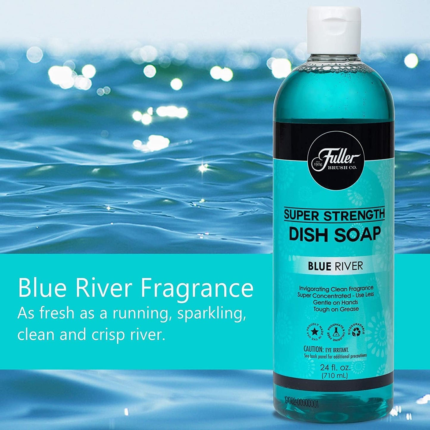 Fuller Brush Super Strength Dish Soap ? Economical ? Use Much Less ? For Dishes, Glasses, Silverware, Utensils, Pots, Pans, Countertops, Tables ? Invigorating Fragrance (Blue River)