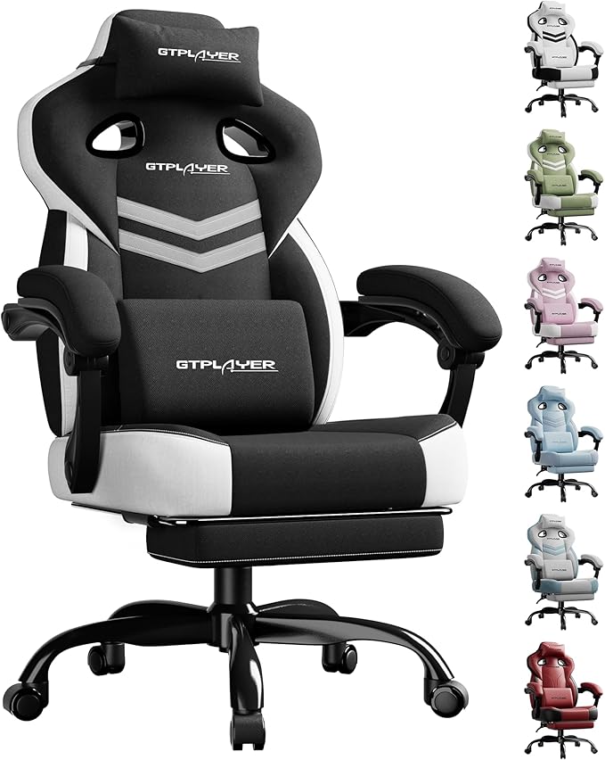 GTPLAYER Gaming Chair, Computer Chair with Footrest and Lumbar Support for Adults, 360°-Swivel Big & Tall Reclining Seat for Office or Gaming (Black&White)