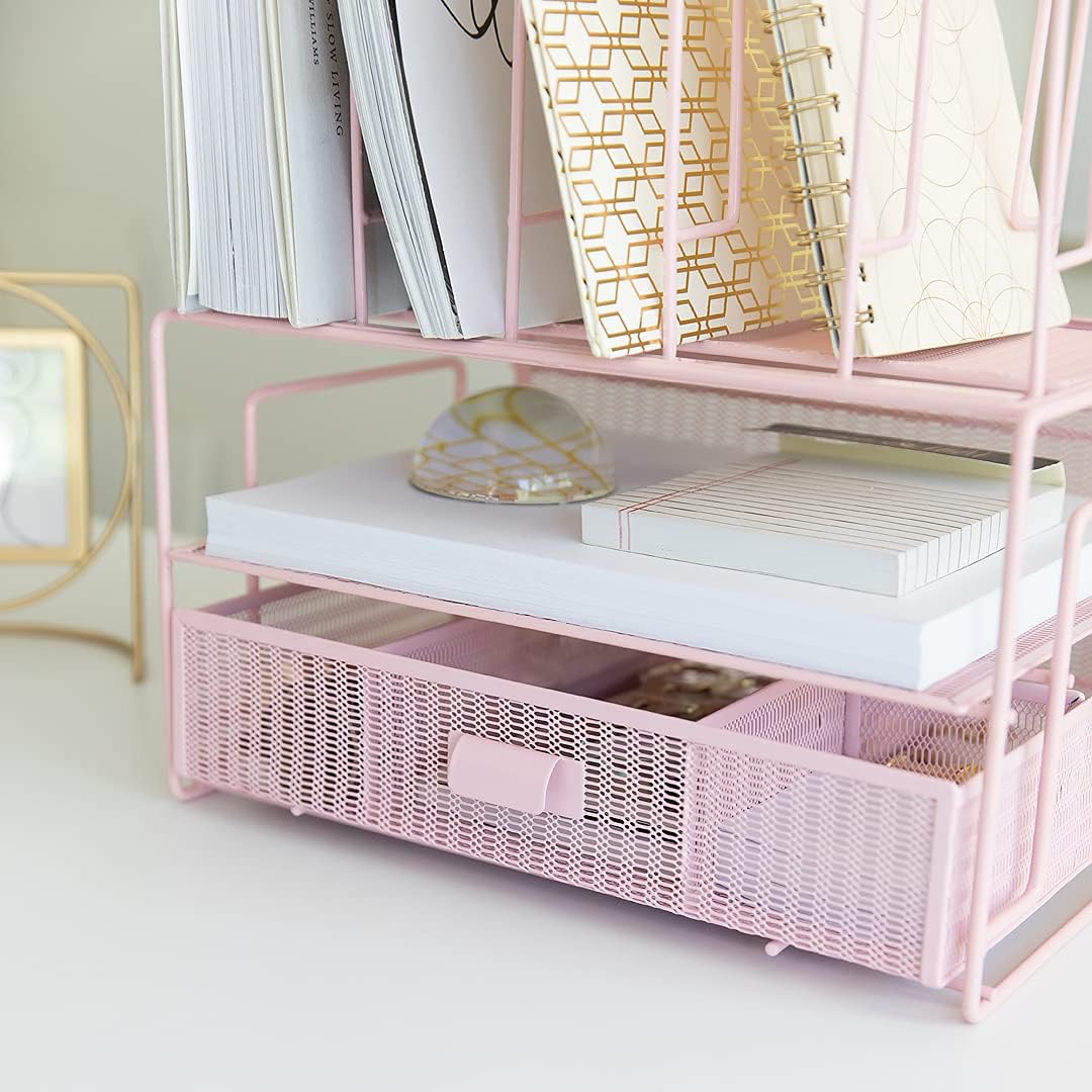 BLU MONACO Pink Desk Organizer | Metal File Sorter with Drawer | Office Supplies and Desktop Storage for Home Office