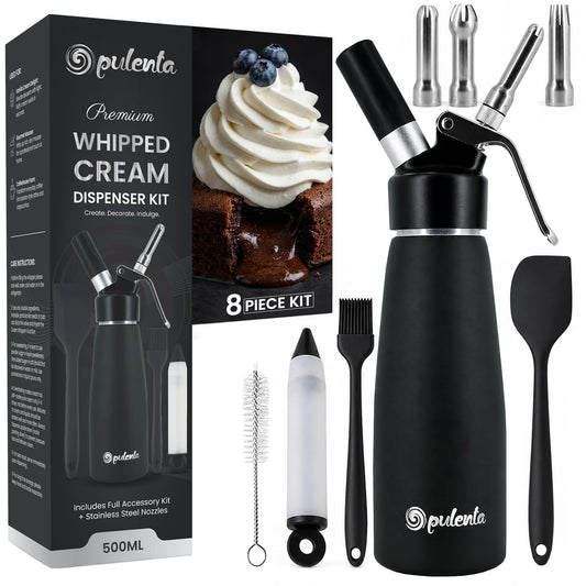 Opulenta Premium Whipped Cream Dispenser – Leak-Proof Whip Maker with 3 Stainless Steel Nozzles, Spatula, Food Pen & Brush – Professional Whipped Cream Maker Canister – N2O Not Included – 500ml
