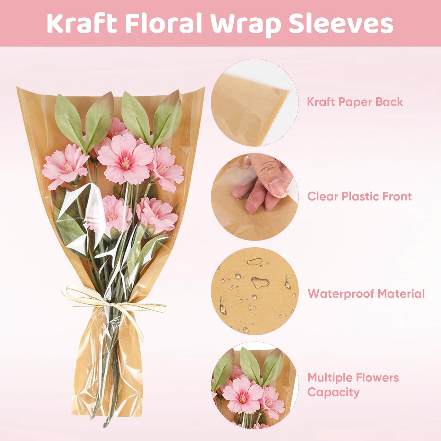 Wzifyf 50 PACK Flower Bags for Bouquets Flower Bouquet Holders Kraft Floral Wrapping Paper flower Sleeves Build Your Own Bouquet Bar with 72 Ft Ribbons for Valentine's Day Packaging Supplies