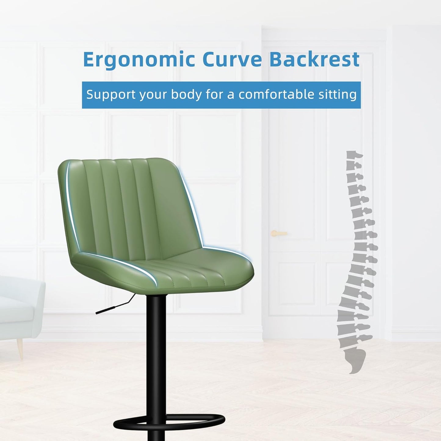 Shintenchi Swivel Bar Stools Set of 2, Adjustable Faux Leather Upholstered Swivel Counter Stools, Armless Bar Height Island Chairs with Back and Footrest, Green
