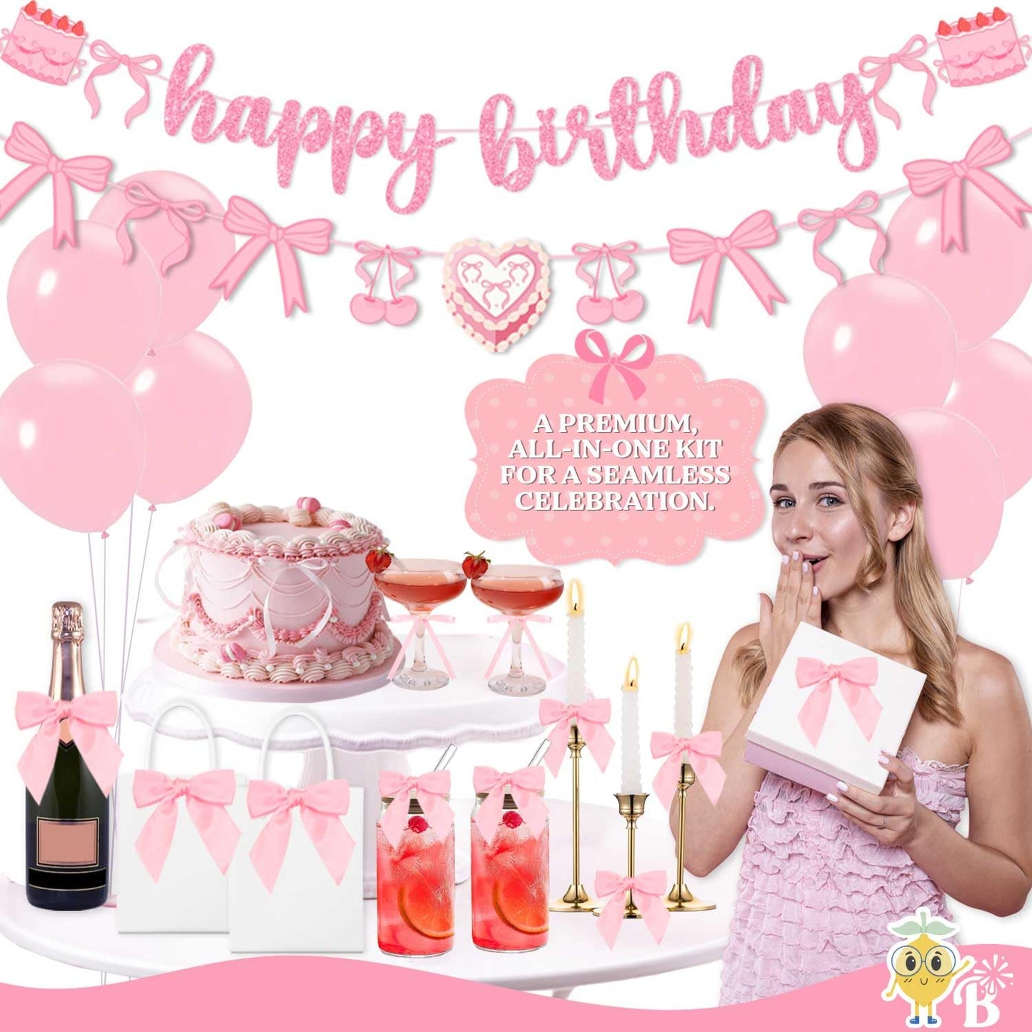 Pink Bow Decor Coquette Party Decorations, Pink Bow Cake Topper, Champagne Glasses, Candles, Balloons, Bow Birthday Party Decorations, Decoracion Moños Cumpleaños Happy Birthday Bow Themed Banner