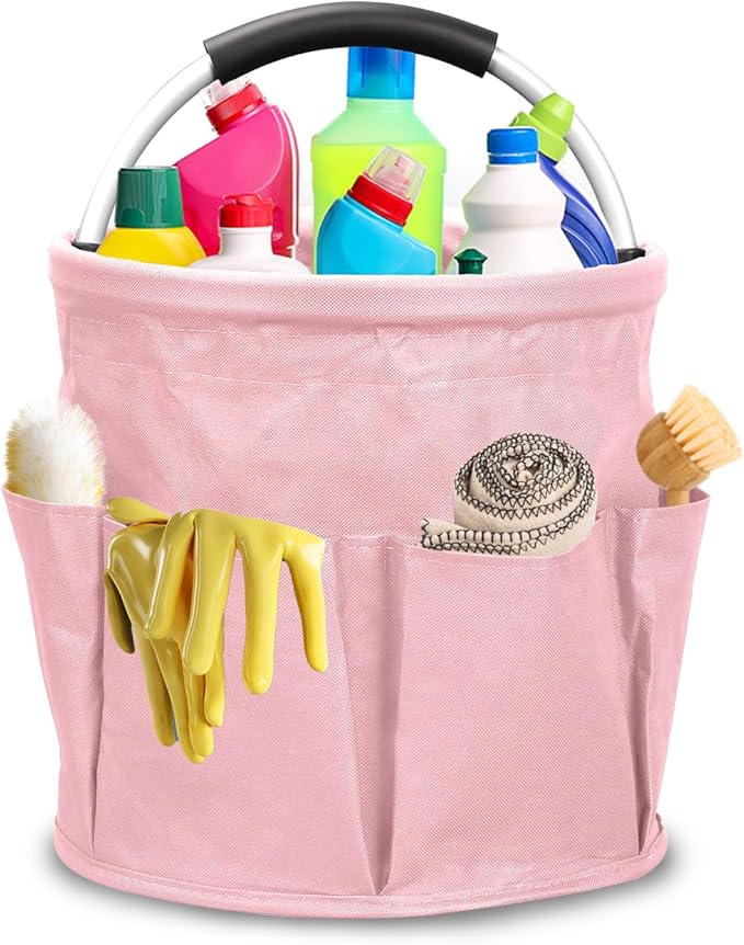 Cleaning Caddy for Cleaning Supplies, 17L Cleaning Supply Caddy with Handle Foldable Cleaning Supplies Organizer Bucket Tool Bag Organizer Cleaning Products Organizers for Home, Garden (Pink)
