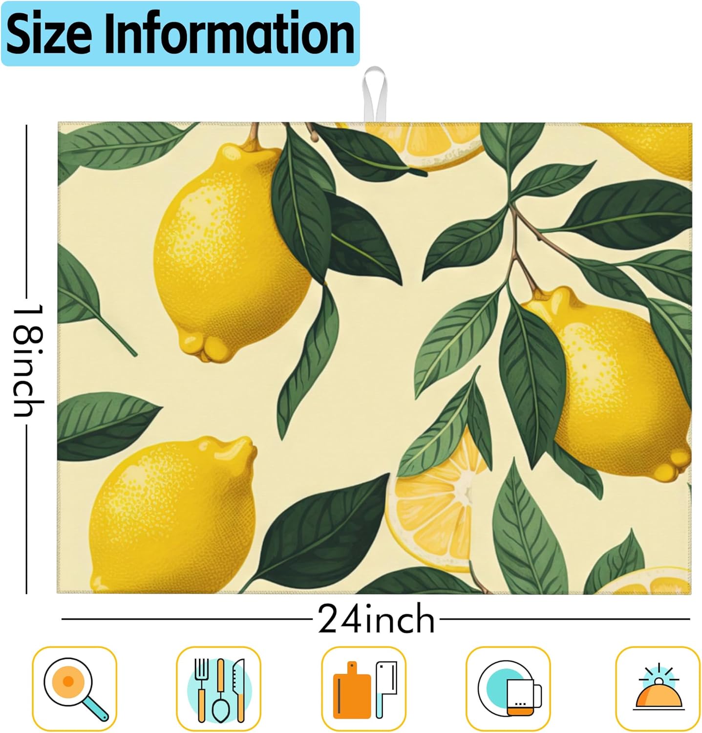 Large Dish Drying Mat for Kitchen Counter,18"X24" Lemons and Green Leaves Absorbent Reversible Microfiber Dish Drying Mat Dish Drainer Mat,Dishes Mat Drying Pad for Kitchen Countertop Coffee Bar