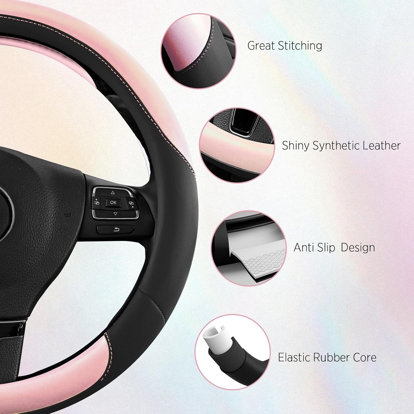 Road Comforts Steering Wheel Cover – Breathable Leather Steering Wheel Cover, Anti-Slip Grip, Universal Fit 14.5” to 15”, Heat & Cold Resistant for Cars, SUVs, and Trucks – Black & Shining Pink