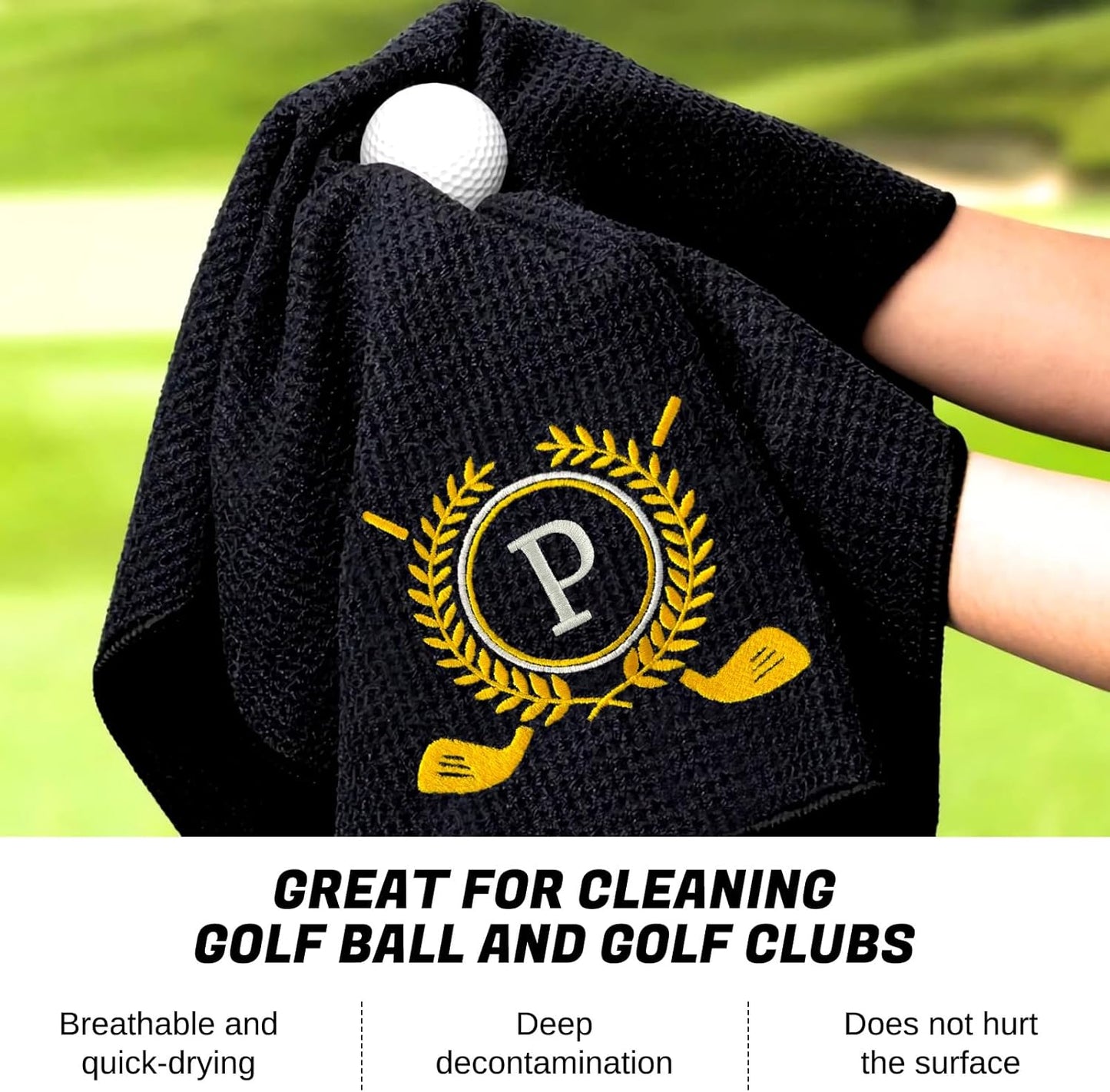 Personalized Golf Towels for Golf Bags - Microfiber Monogrammed Golf Towels for Men/Women, Retractable Brush Tool Kit with Club Groove Cleaner, Custom Golf Accessories for Golfers (Initial P)