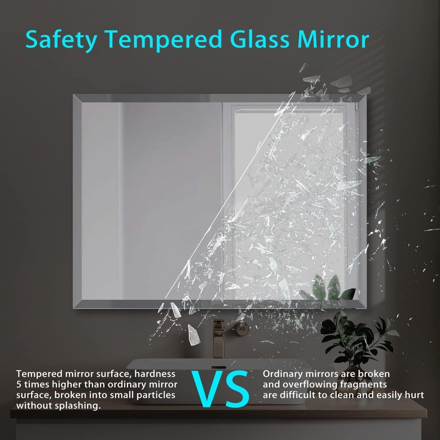 Frameless Beveled Edge Bathroom Mirror 55x30 Inch Rectangle Wall Mirror Explosion Proof and Shatterproof Bathroom Vanity Mirror Wall Mounted Hang Firmly (Horizontal or Vertical)