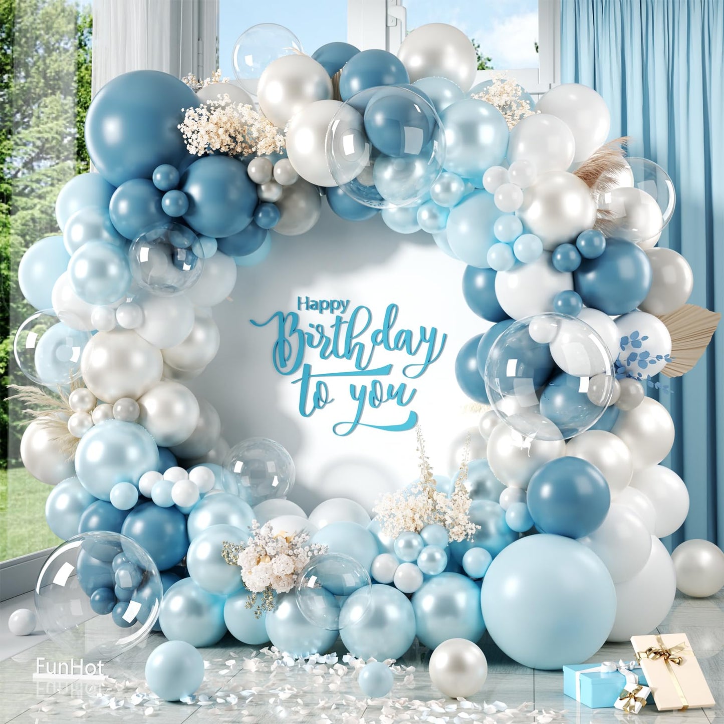 FunHot Dusty Blue Balloon Arch Kit, Double Stuffed Pearl White Pastel Blue Balloon Garland Kit with Clear Balloons for Boys Baby Shower Gender Reveal Wedding Frozen Winter Birthday Party Decorations