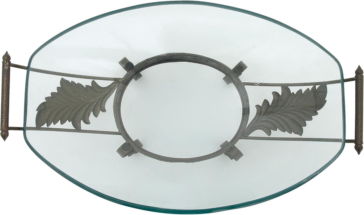 Deco 79 Tempered Glass Kitchen Serving Bowl with Brown Metal Scroll Base, 23" x 14" x 10", Clear, SMALL SIZE