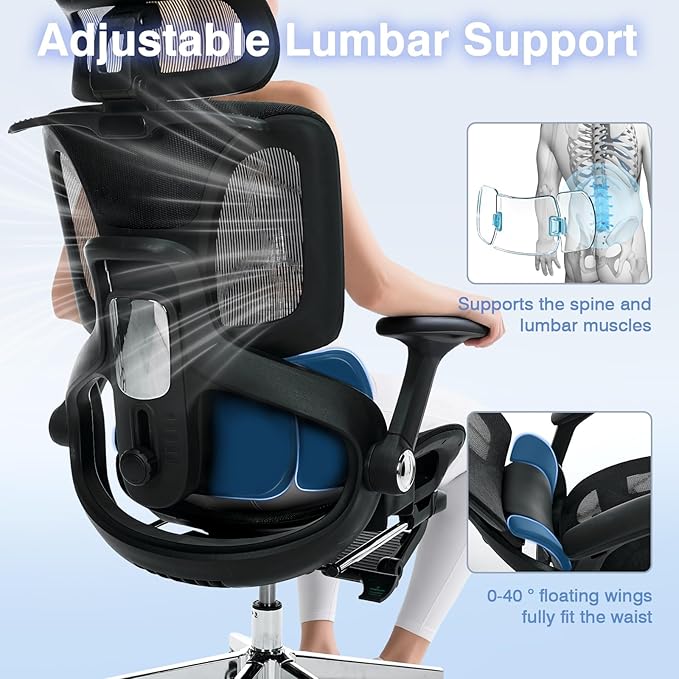 Ergonomic Office Chair with Footrest, High Back Desk Chair Computer Gaming Chairs with 4D Armrests, Adjustable 3-Zone Dynamic Lumbar Support, Ergonomic Mesh Chairs with Wheels, Black
