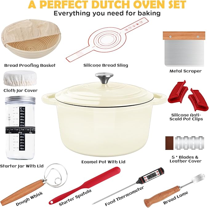 Enameled Cast Iron Dutch Oven Pot with Lid, Incl. Sourdough Bread Baking Supplies Like Banneton Bread Proofing Basket, Starter Jar, Bread Lame, 5QT Dutch Oven for Bread Baking, Oven Safe up to 500°F