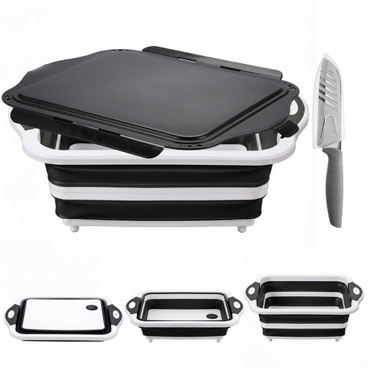 Collapsible BBQ Prep Tub with Lid, Foldable Camping Sink with Colander, Cutting Board, Dish Basin for Kitchen, Bowl, Vegetable and Fruit, Storage Basket for Picnic-Black