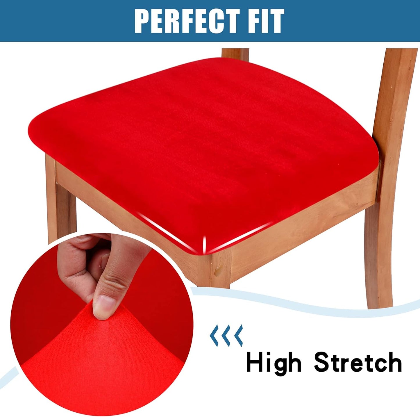 Smiry Velvet Seat Covers for Dining Room Chair Set of 6, Stretch Fit Removable Washable Chair Seat Cushion Protector Slipcovers with Ties, Red