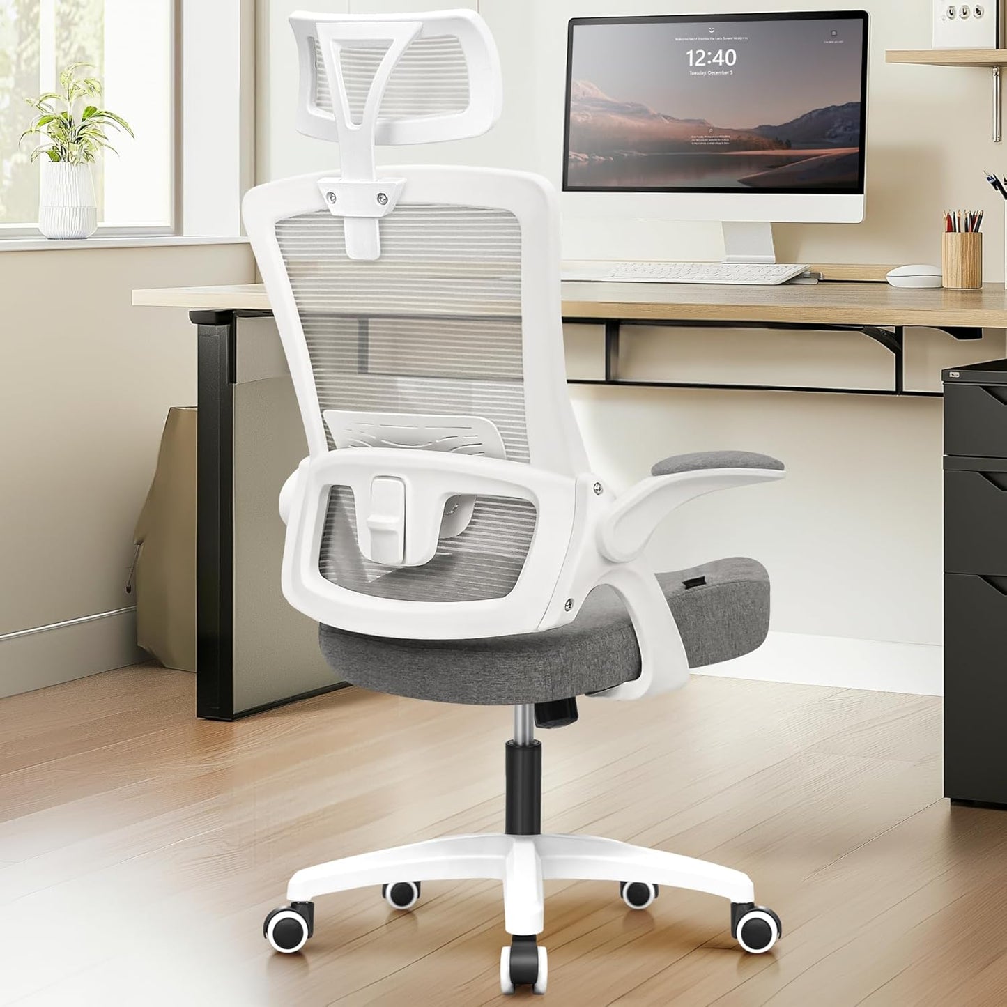 NEO CHAIR Ergonomic Office Desk Chair High Back Computer Gaming Mesh Chair with Comfy Task Adjustable Arms Lumbar Support Headrest Swivel for Home Office (Grey)