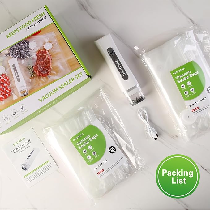 Handheld Vacuum Sealer & Food Saver with 30 Reusable Bags – Keeps Food Fresh 6X Longer | One-Touch Seal & USB Rechargeable | Leak-Proof for Meat, Meal Prep & Travel | Compact Food Preservation System