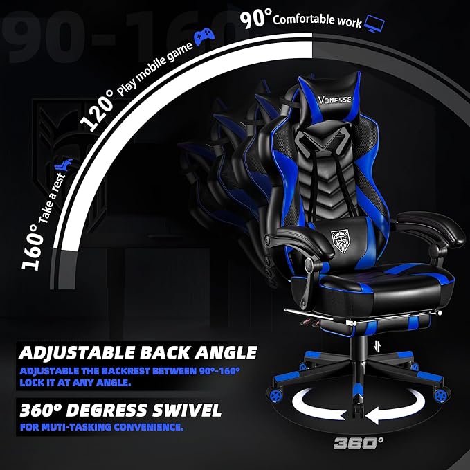 Vonesse Gaming Chair, Big and Tall Gaming Chair with Footrest and Massage, Gaming Chairs for Adults with Lumbar Support, Ergonomic High Back Computer Chair with Pocket Spring Cushion (Black/Blue)